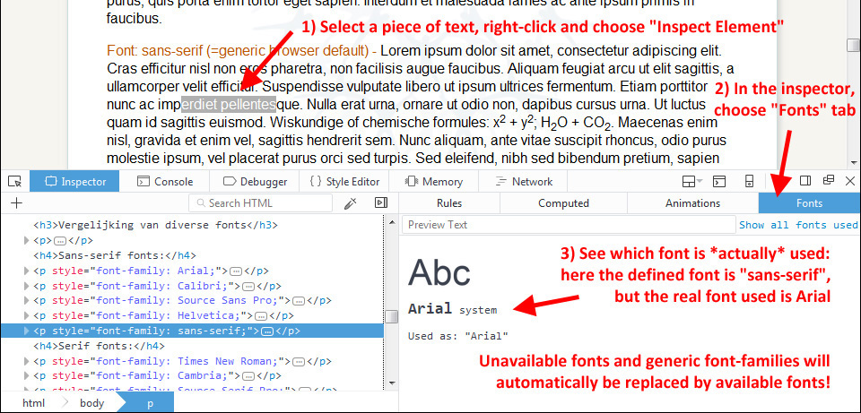 hoe gebruikte fonts in een webpagina vinden?